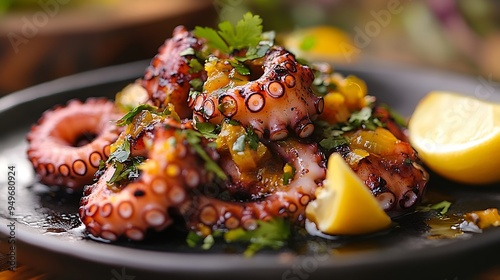 Gourmet dish with octopus on a plate peruvian food : Generative AI