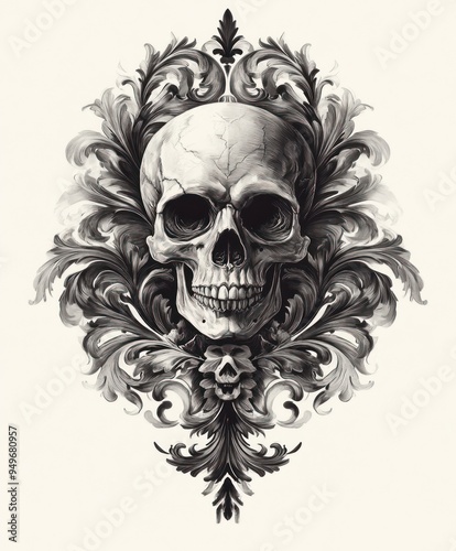 A detailed skull illustration surrounded by ornate floral designs.