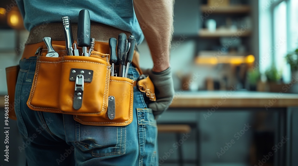 Professional handyman with tool bag standing on home kitchen background : Generative AI Professional handyman with tool bag standing on home kitchen background : Generative AI