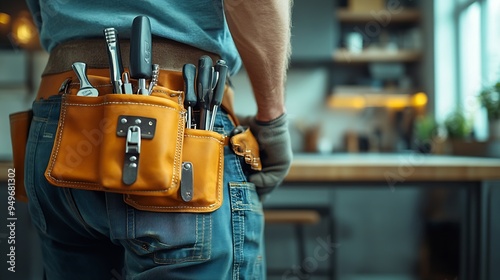 Professional handyman with tool bag standing on home kitchen background : Generative AI