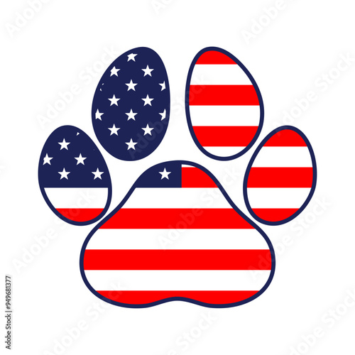 Logo pet friendly. Silueta de pata de gato o perro con línea exterior y colores de la bandera de Estados Unidos de América