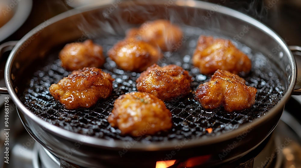 chicken broasted with potato Broasted chicken is battered and cooked in oil as well but deep fried in a pressure cooker : Generative AI