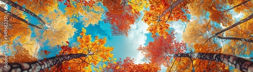 Colorful autumn forest canopy, vibrant hues and intricate patterns, mesmerizing and rich, autumn forest canopy