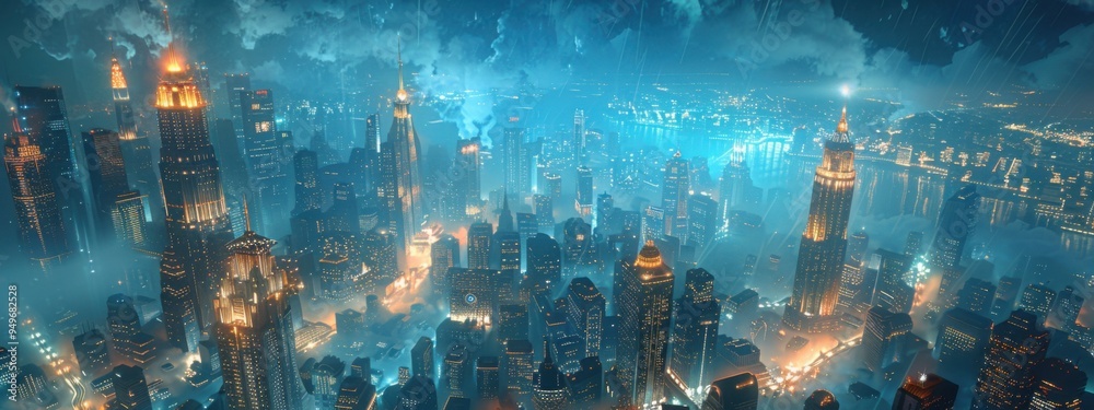 Fototapeta premium Art Deco Metropolis A glamorous city with towering skyscrapers adorned with geometric patterns and Art Deco ornamentation.