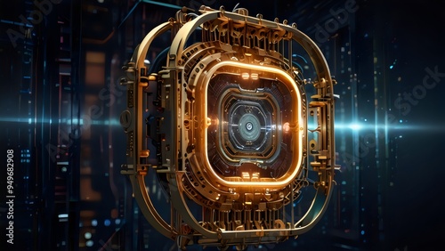 Quantum Computing Core Design the inner workings of a quantum computer, with swirling, luminous particles and entangled qubits floating in a sleek, metallic environment.