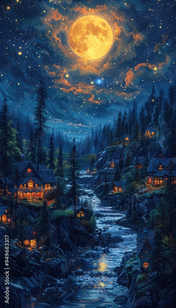 An enchanting night scene where the moonlight casts its glow upon a whimsical landscape An enchanting night scene where the moonlight casts its glow upon a whimsical landscape