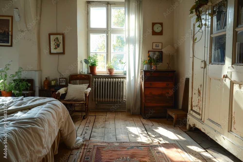 Fototapeta premium A bedroom featuring a bed, dresser, and window, The cozy charm of the old flat compared to the sleek efficiency of underfloor heating