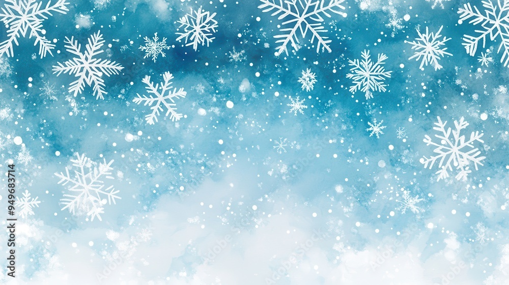 Snowflakes fall gently against blue background, creating serene winter atmosphere. delicate patterns evoke sense of calm and beauty.
