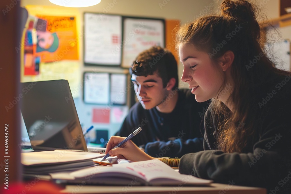 A dorm room where students are studying with focus, the room lit by a single desk lamp. The space is quiet and conducive to learning A dorm room where students are studying with focus, the room lit by a single desk lamp. The space is quiet and conducive to learning