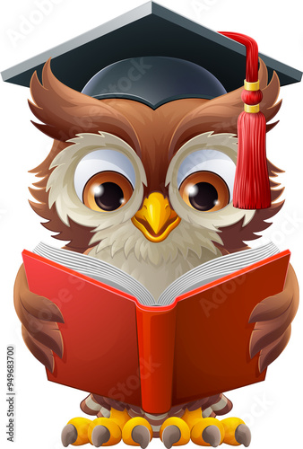 Wise Owl Cartoon Old Teacher Reading Book photo