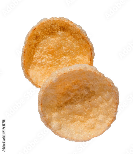 Well Done Salty Snack. Well Baked Chips Isolated On a White Background. Salty Crispy Potato Snack. Round Crisps. Round Potato Puffs. Party Food.Thin, Crunchy Cereal Wafers, Perfect Party Snack. 