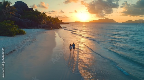 Anse Source dArgent beach La Digue Island Seyshelles Drone aerial view of La Digue Seychelles bird eye view couple men and woman walking at the beach during sunset at a luxury vacation : Generative AI photo