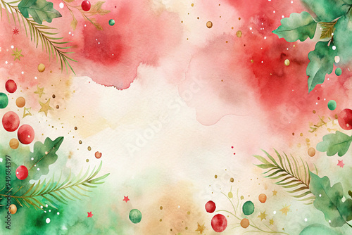 Watercolor holly berries festive in red and green with copy space