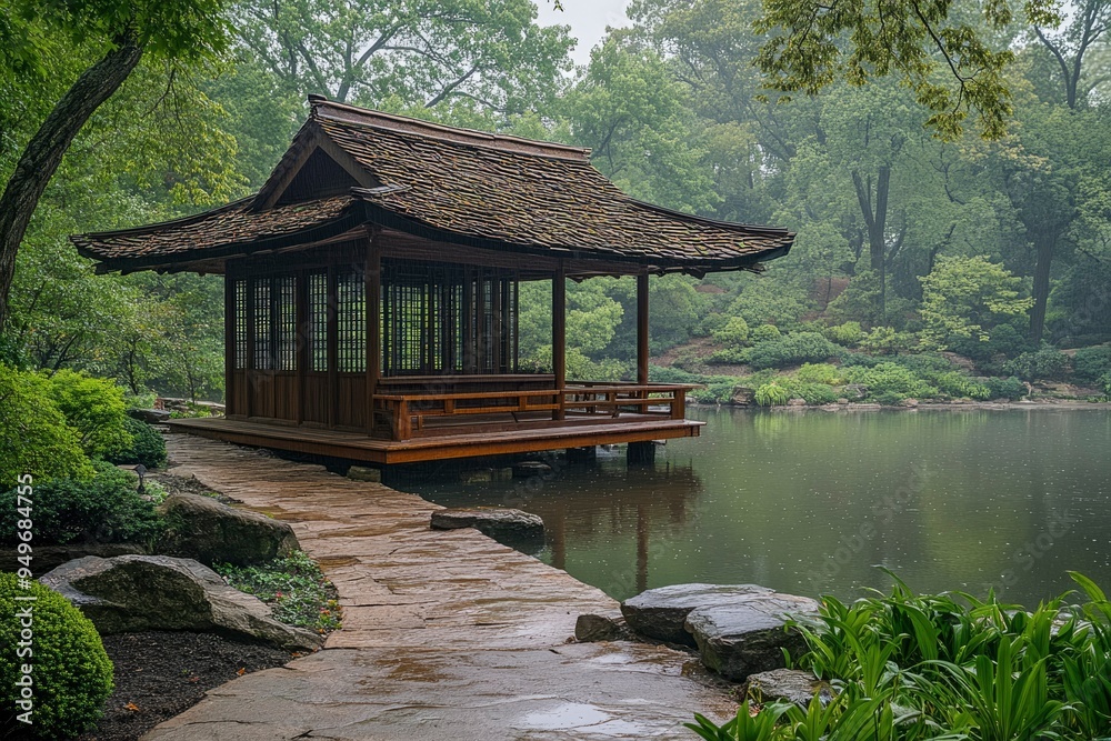 Tranquil Japanese Garden Pavilion Overlooking a Pond Tranquil Japanese Garden Pavilion Overlooking a Pond