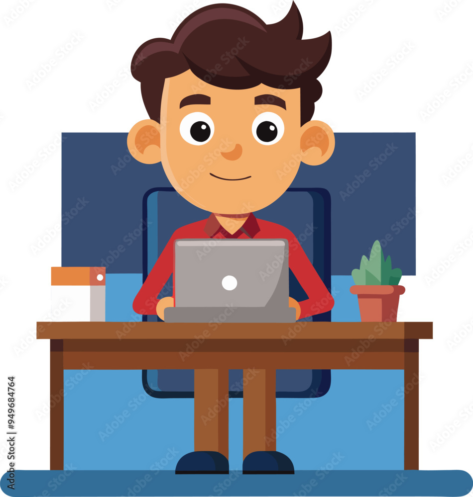 Young man working on computer. Business people sitting at office desk. Flat design vector illustration Young man working on computer. Business people sitting at office desk. Flat design vector illustration