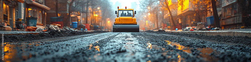 Yellow Road Roller in Action Paving New Street in Urban Neighborhood During Misty Morning, Adding Vibrant Industrial Charm Yellow Road Roller in Action Paving New Street in Urban Neighborhood During Misty Morning, Adding Vibrant Industrial Charm