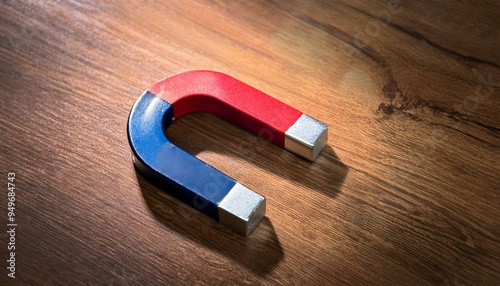 A magnet on the wooden table, red and blue