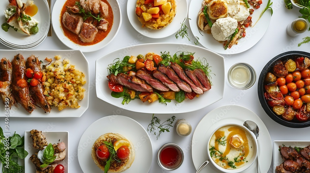 Overhead view of a variety of gourmet dishes served on a white table in restaurant : Generative AI