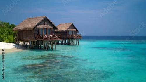 Maldives tropical Island beautiful isolated luxury water bungalows Maldives in the blue green ocean of the Maldives Island turqouse colored ocean : Generative AI