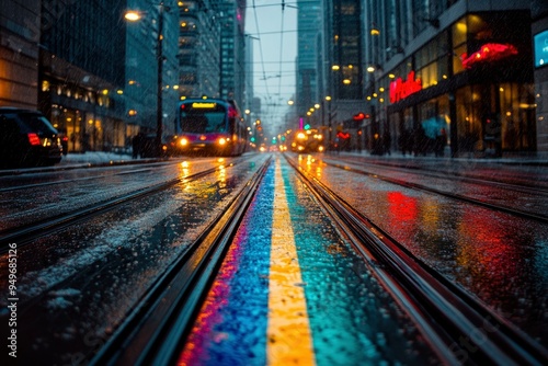 Wet Tram Tracks with a Rainbow Reflection in the City