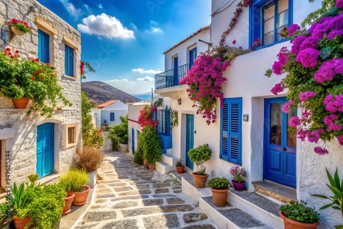 Dreamy blue and white Greek village perched on rolling hillside with flower-filled windows and cobbled streets radiating whimsical charm and idyllic simplicity.