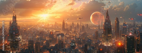 A towering metropolis with flying cars, holographic advertisements, and futuristic architecture.