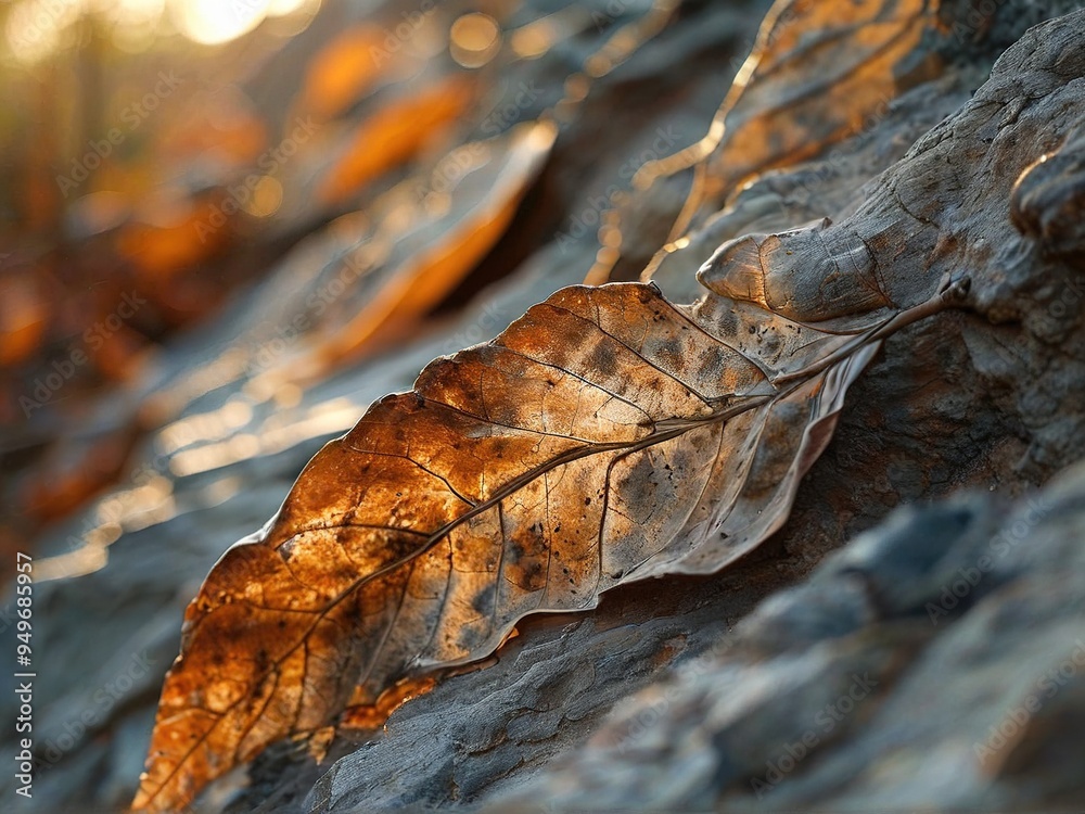 A close-up shot of a dried leaf on a rock with the sun shining through it. A close-up shot of a dried leaf on a rock with the sun shining through it.