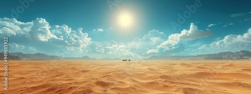 Helmand Desert A vast, endless expanse of sand dunes under a scorching sun, with a lone camel caravan on the horizon.