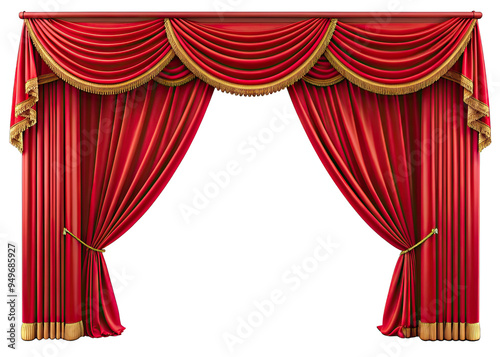 A pair of red velvet stage curtains with gold trim are drawn back to reveal a white background photo