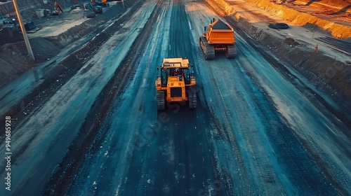 Aerial view of large road construction site with several industrial machines timelapse Earthmoving equipment and asphalt milling machine : Generative AI photo