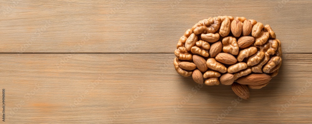 Nutritious Brain Power - Close-Up of Walnuts Resembling Brain on Wooden Table, Healthy Eating Concept, Symbolism of Intelligence and Nutrition Nutritious Brain Power - Close-Up of Walnuts Resembling Brain on Wooden Table, Healthy Eating Concept, Symbolism of Intelligence and Nutrition