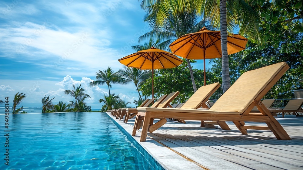 Fototapeta premium Happy tourism holiday landscape Luxury beach resort hotel swimming pool leisure beach chairs under umbrellas palm trees blue sunny sky Summer island seaside relax mood travel vacation : Generative AI