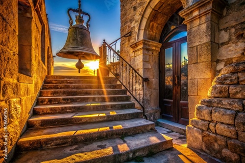 golden hour warm light casting long shadows on worn stone bell tower stairs old rusty bell clapper intricate carvings mysterious abandoned forgotten world photo