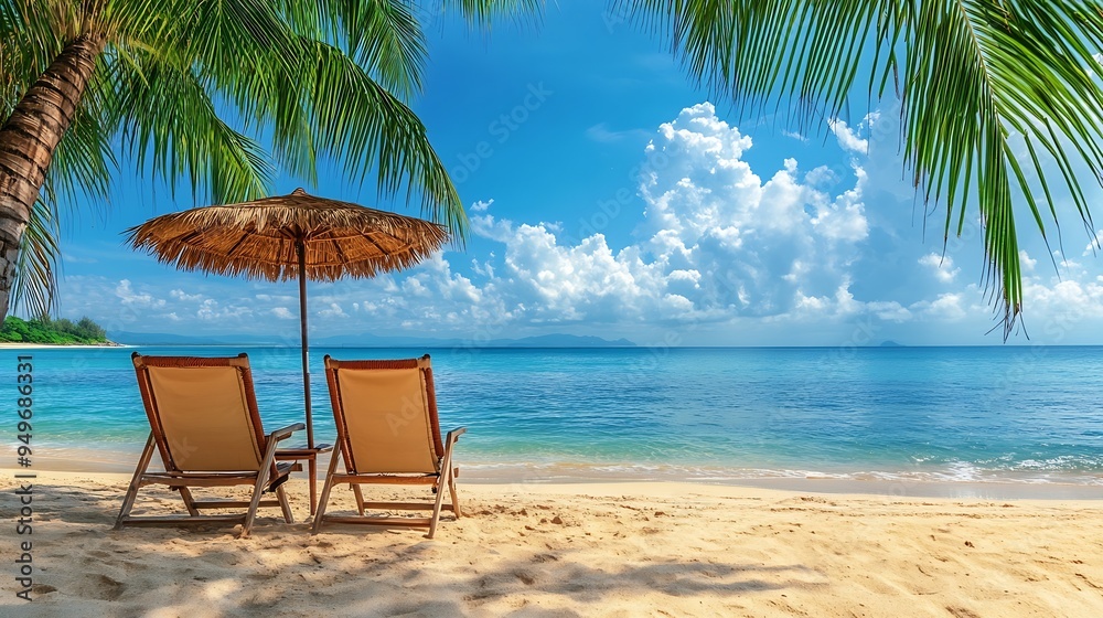 Beautiful panoramic sea sand sky Tropical relax beach sunny summer island landscape Love couple chairs umbrella palm leaves romantic coast Luxury travel destination Honeymoon vacation : Generative AI Beautiful panoramic sea sand sky Tropical relax beach sunny summer island landscape Love couple chairs umbrella palm leaves romantic coast Luxury travel destination Honeymoon vacation : Generative AI
