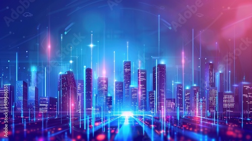 Conceptual Art of Futuristic Cityscape with Glowing Skyscrapers Neon Lights and Advanced Techn ology Reflecting a Visionary Imaginative and Innovative