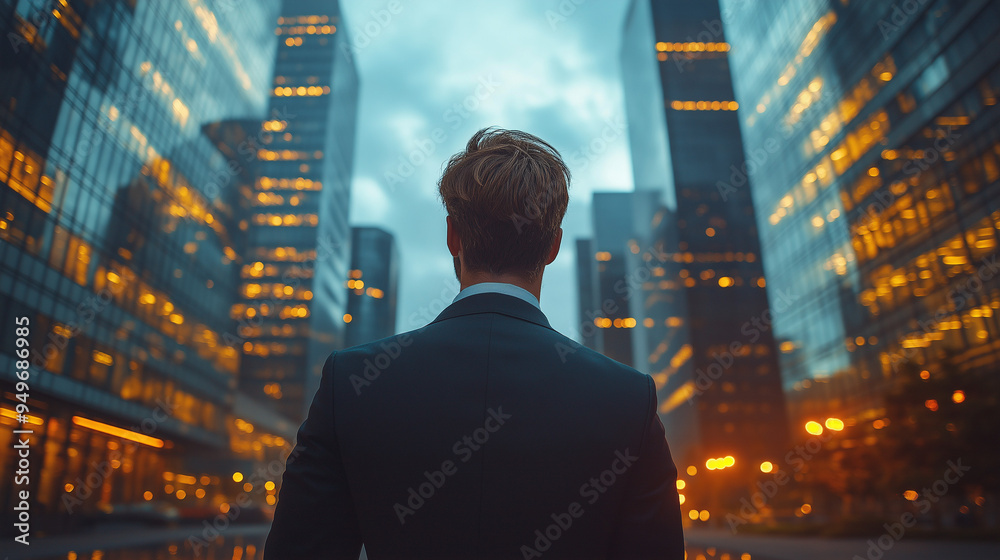 Elegant businessman with suitcase looking at city Elegant businessman with suitcase looking at city