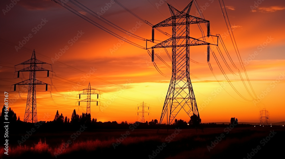 Fototapeta premium Electric tower, silhouette at sunset