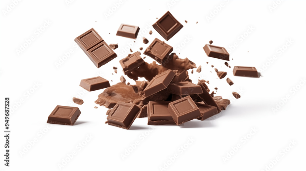 Chocolate broken into pieces in the air, isolated on a white background