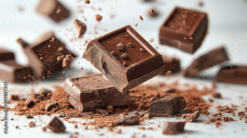 Broken chocolate pieces and cocoa powder on a dark background. Broken chocolate bar pieces falling