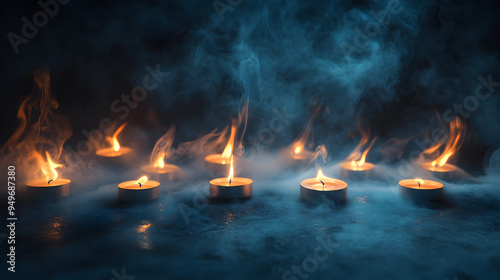  smoke rising from a series of burning candles.
