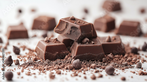 Dark chocolate bar pieces on dark background with grated chocolate and spices, pile chunks of broken chocolate.