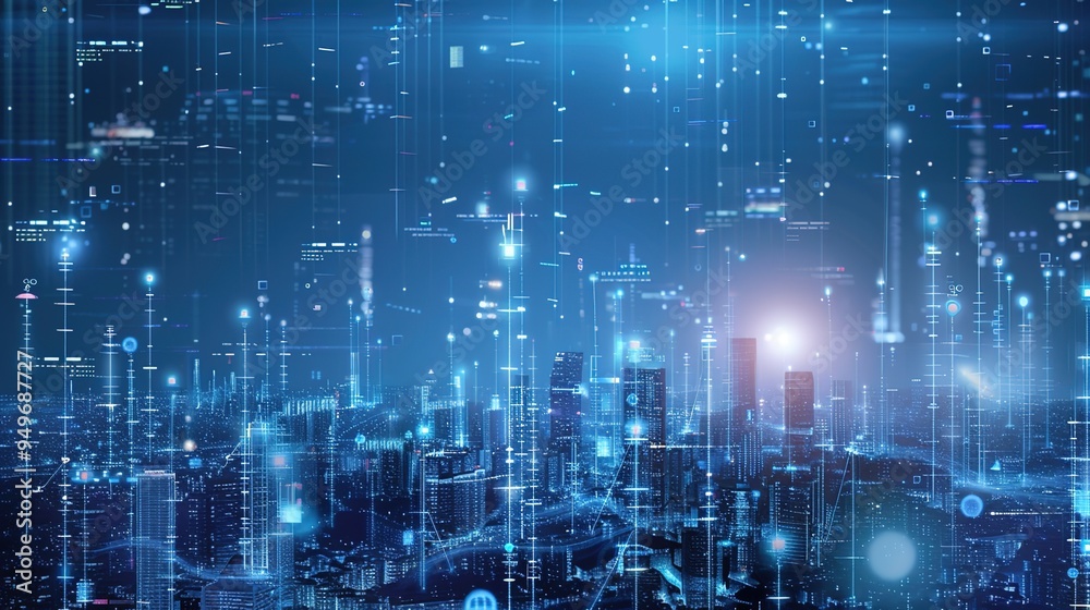 Conceptual Art of Futuristic Cityscape with Glowing Skyscrapers Neon Lights and Advanced Techn
ology Reflecting a Visionary Imaginative and Innovative