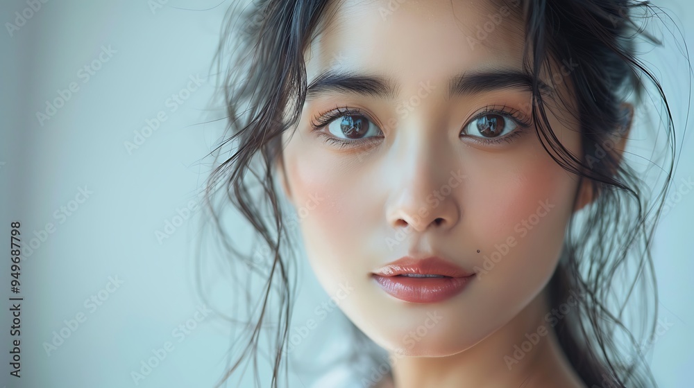 A beauty shot of an Asian model using primer, her face glowing and smooth, soft lighting, clean and simple background, emphasizing the flawless makeup prep, hd quality, beauty focus. --ar 16:9 --v 6. A beauty shot of an Asian model using primer, her face glowing and smooth, soft lighting, clean and simple background, emphasizing the flawless makeup prep, hd quality, beauty focus. --ar 16:9 --v 6.