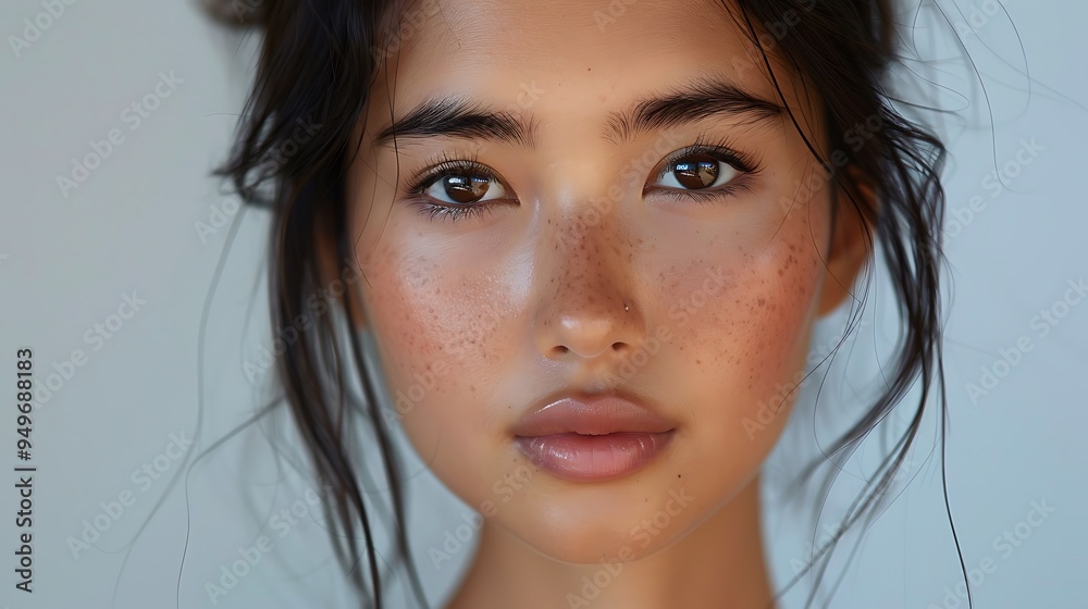 A beauty shot of an Asian model with a natural, makeup-free look, her skin flawless and glowing under soft lighting, clean and simple background, capturing minimalist beauty, hd quality. A beauty shot of an Asian model with a natural, makeup-free look, her skin flawless and glowing under soft lighting, clean and simple background, capturing minimalist beauty, hd quality.