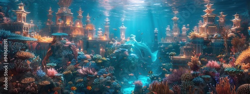 Mermaid Kingdom A magical underwater kingdom with mermaids, seahorses, and coral palaces. photo