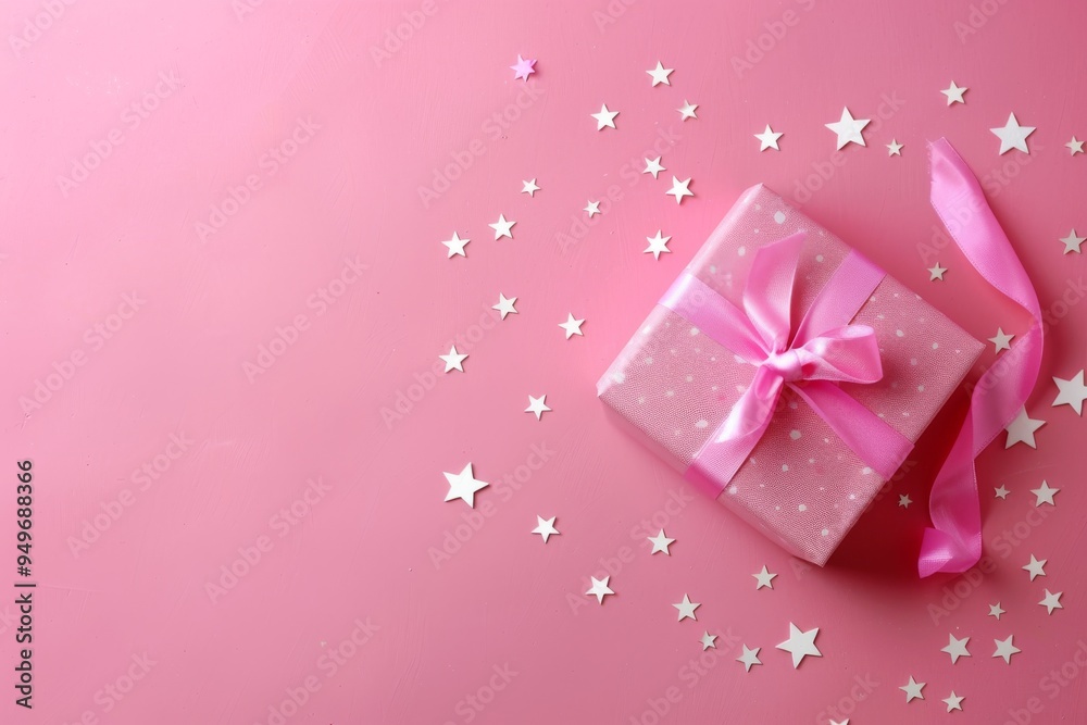 Pink Gift Box with White Stars on a Pink Background Pink Gift Box with White Stars on a Pink Background