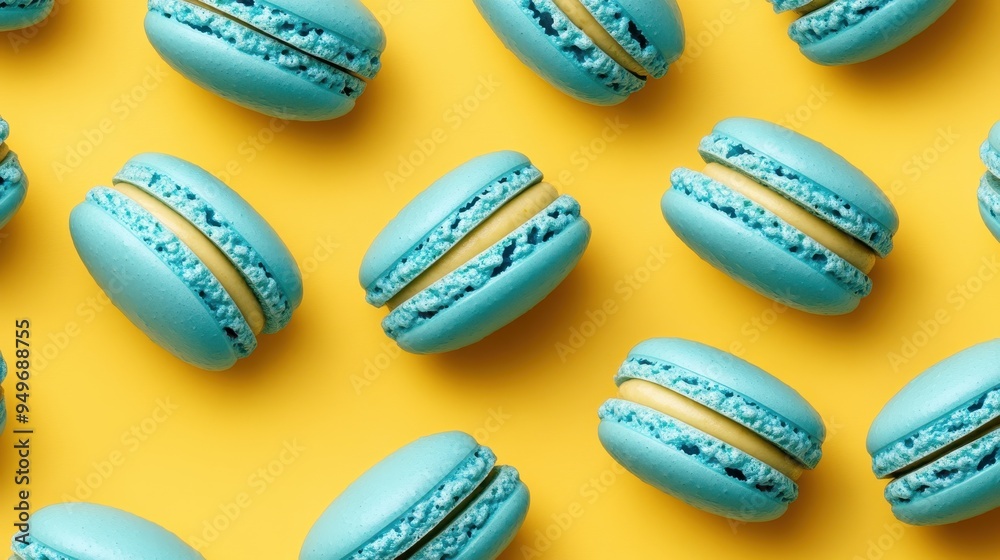 Fototapeta premium French sweet blue macaroons on color background,French macaron cookies baked pattern,french macaroons,Paris Pastry,bakery and branding concept,Delicious french desserts,copy space.