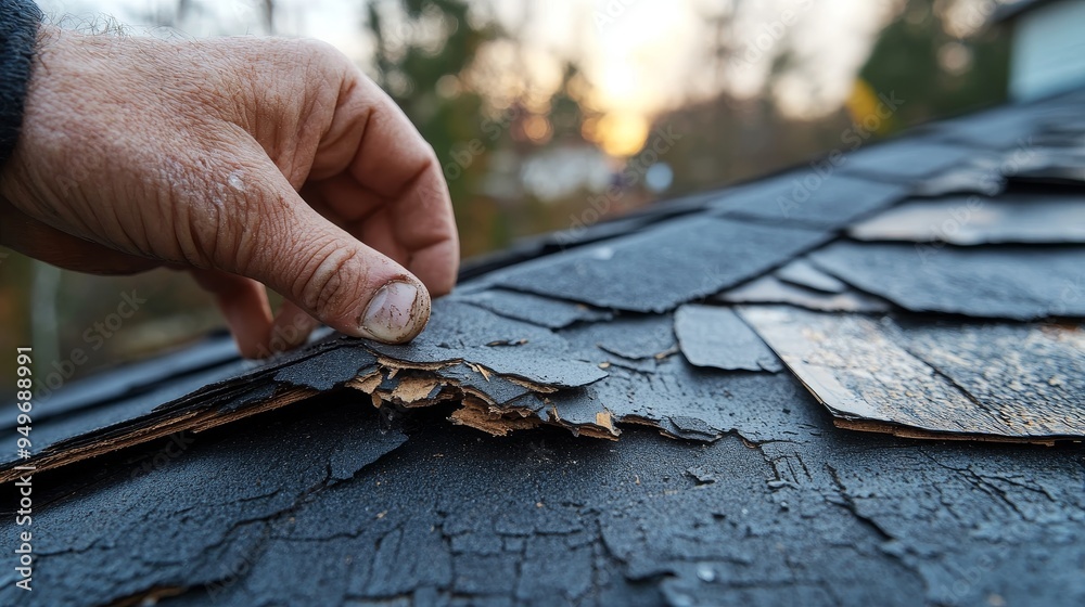 A hand holding a damaged shingle, showcasing cracks from hail, with the roof behind showing signs of damage, ready for repair A hand holding a damaged shingle, showcasing cracks from hail, with the roof behind showing signs of damage, ready for repair