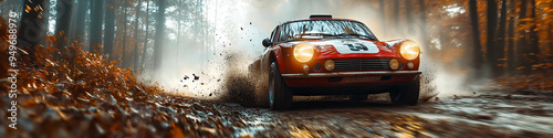 Vintage rally car racing through muddy forest trail, evoking nostalgia and excitement in an autumn scenery with leaves and spray.