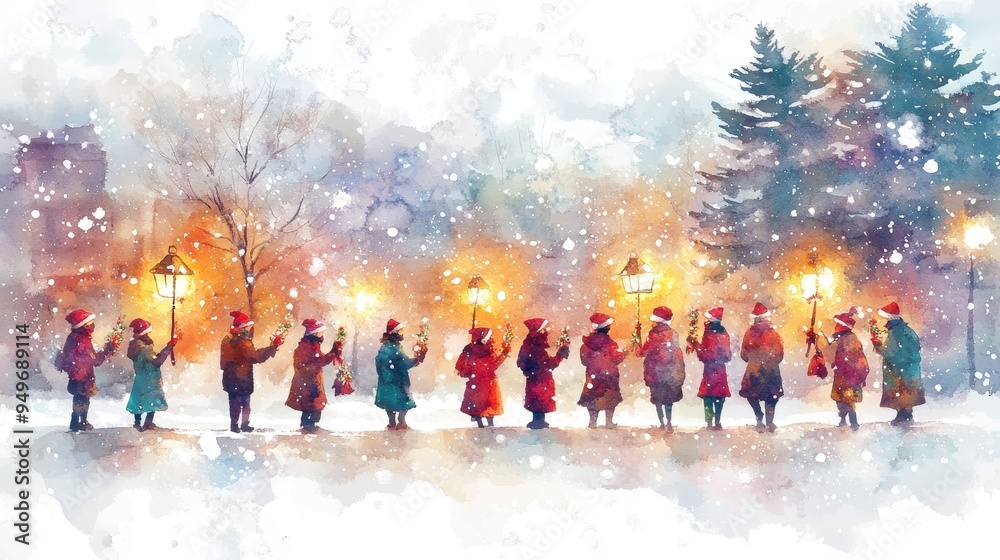 A festive winter scene with people in colorful coats and hats, holding lanterns in snow. atmosphere is joyful and magical, capturing essence of holiday season. A festive winter scene with people in colorful coats and hats, holding lanterns in snow. atmosphere is joyful and magical, capturing essence of holiday season.